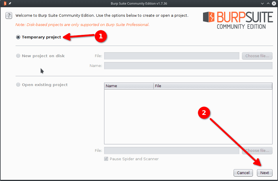 burp suite temporary project
