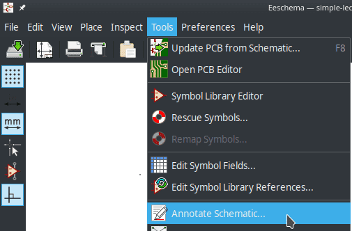 KiCAD schematic annotate menu
